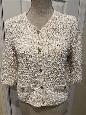 Zara Cream Textured Button-Front Sweater with Gold Threads